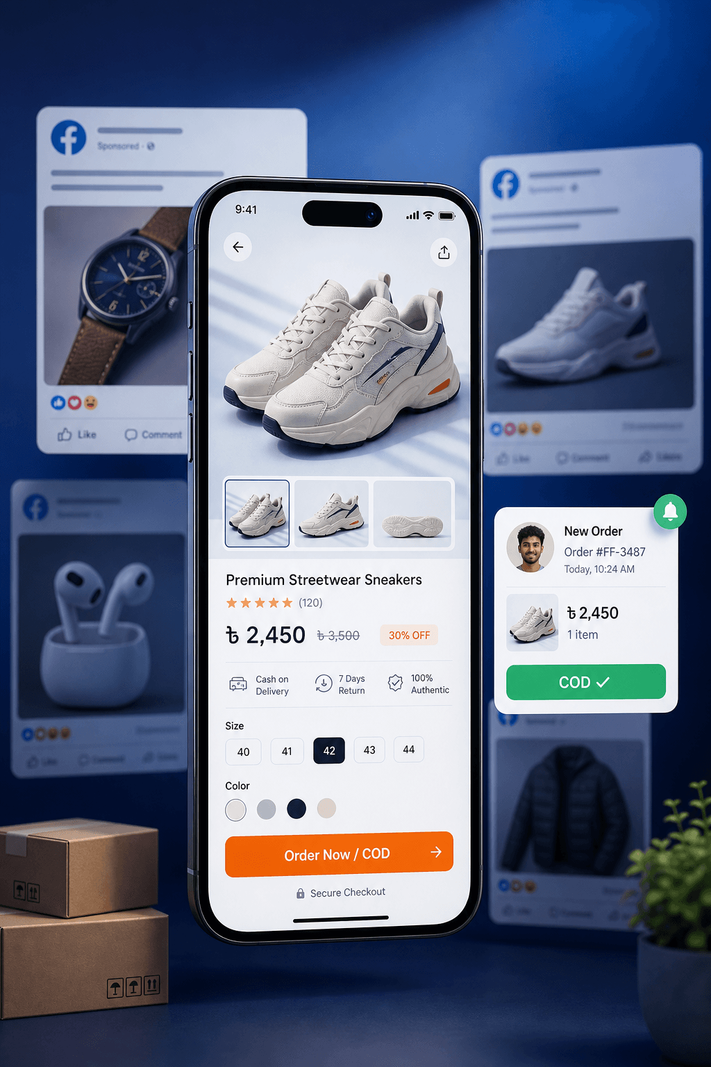 Sneakers product landing page with Facebook ads and COD checkout