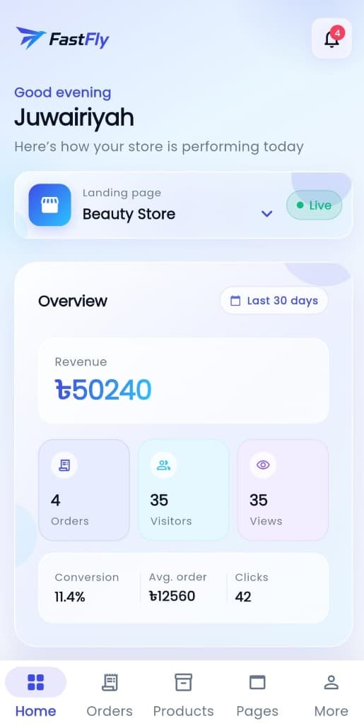 FastFly Seller App home dashboard showing revenue, orders, and visitors